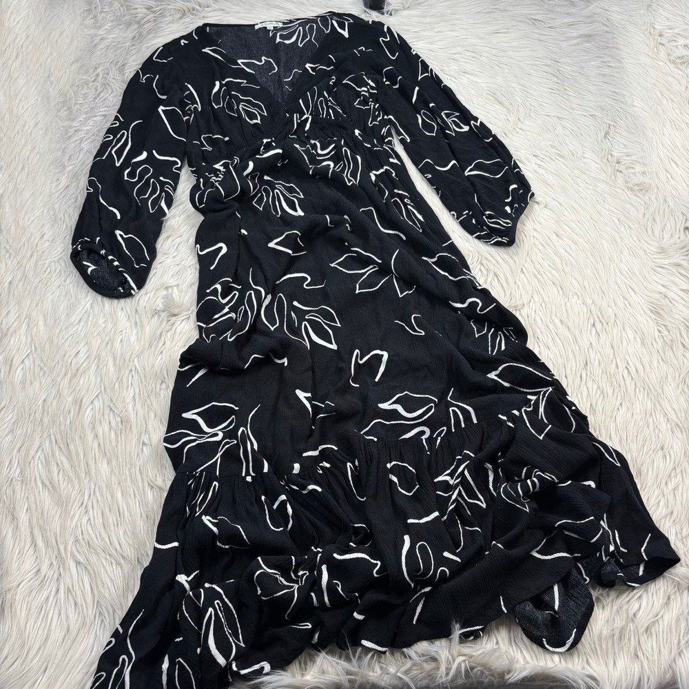 Z Supply Women's S Black Floral Deep V-Neck Flounce Hem Maxi Dress Resort Beach